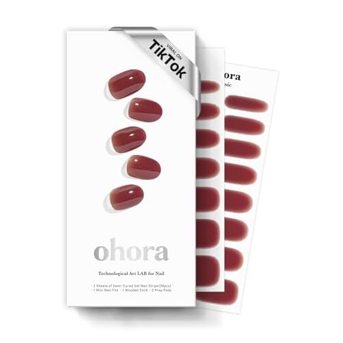 ohora Semi Cured Gel Nail Strips (N Wine Veil) - Works with Any Lamps, Salon-Quality, Long Lasting, Easy to Apply & Remove - Includes 2 Prep Pads, Nail File & Wooden Stick