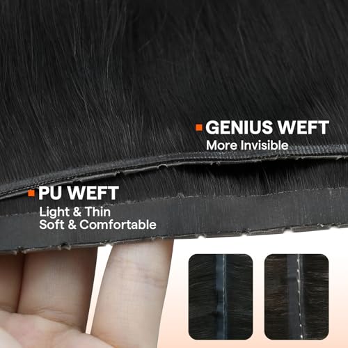 Full Shine Butterfly Weft Hair Extensions Human Hair Color Jet Black Inviisble Double Pu Hole Weft Extensions 22 Inch Long Straight Hair Genius Weft Remy Hair Add Length 100G