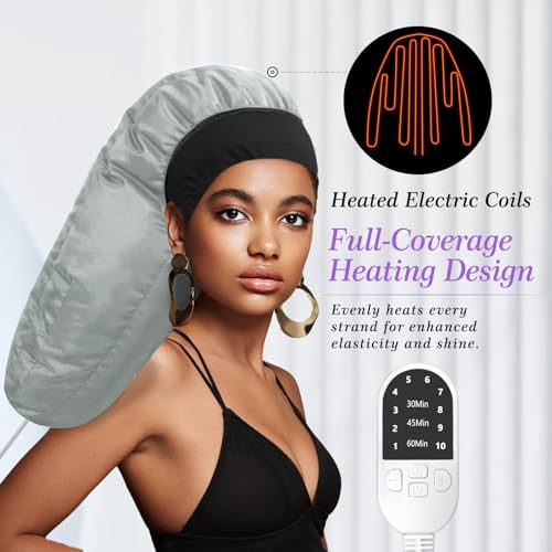 Hair Steamer for Deep Conditioning: Upgraded Thermal Cap with 10-Level Fast Heating, 3 Timer Settings, XL Hood for Natural, Curly & Black Hair ? Portable Steam Cap for Home Hair Treatments