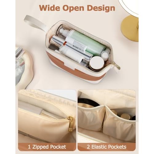 Wedama Makeup Bag Gift for Women, PU Leather Cosmetic Bag Wide Open Make up Organizer Bag, Large Capacity Travel Cosmetic Bag, Makeup Case with Handle for Women Girls, Brown