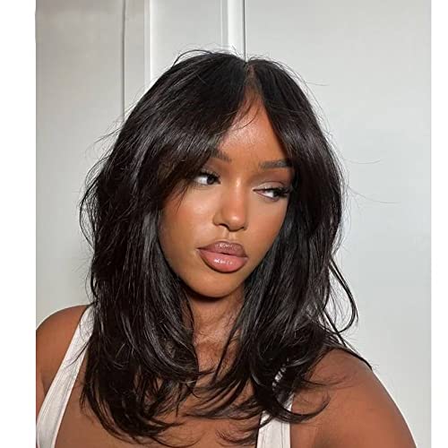 HD Transparent Lace Natural Straight Human Hair Wigs with Bangs Brazilian Remy Hair Layered Straight 13X4 Lace Front Wig Pre plucked Bleached Knost For Woman 150% Density Natural Black
