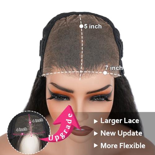 Domiso 22 Inch Wear and Go Glueless Wig Kinky Straight Lace Pre Cut 7x5 Lace Front Wigs Human Hair for Women Glueless Wig with Elastic Band Natural Hairline 200% Density Yaki Hair Natural Black