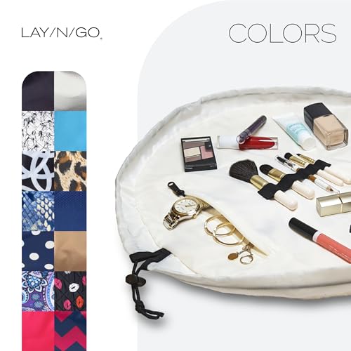 Lay-n-Go Cosmo Drawstring Cosmetic & Makeup Bag Organizer - Portable Drawstring Makeup Bag w/Zipper Pocket, Makeup Loops & More - Durable, Machine Washable Toiletry Bag (20", Comfort/White)
