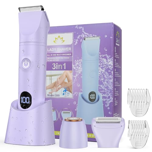 Bikini Trimmer for Women, 3 in 1 Electric Razors for Women, Waterproof Pubic Hair Trimmer and Facial Hair Remover, Rechargeable Electric Shaver for Underarm Leg Arm Body with LED Display