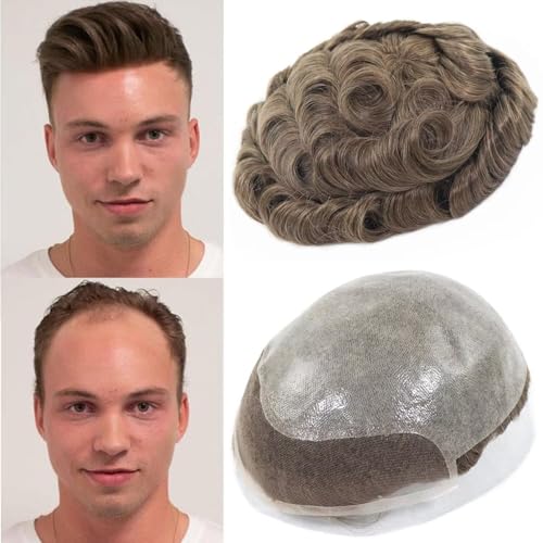 blazingfire French Lace Front Hair Toupee for Men with 0.08mm Single Knot Thin PU Skin Mens Human Hair Pieces Replacement System 8x10 Inches Lightest Brown Color 7