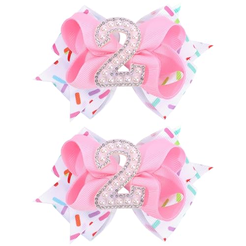 2PCS Hair Bows for Baby Girls Birthday - 2nd Birthday Hair Bow Sweet Theme with Ice Cream Party, Pink Hair Accessories for Baby Toddler 1 2 3 4 5 6 Years, Outfit & Decorations