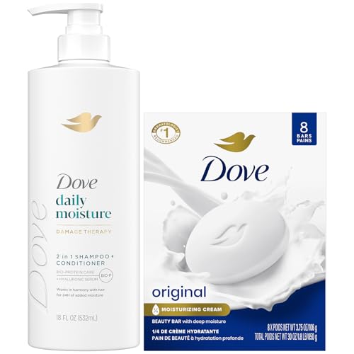 Dove Shampoo & Conditioner 2-in-1 + Dove Beauty Bar Soap 8-Pack ? Deep Hydration for Revitalizing Dry Hair and Skin (9-Piece Set)