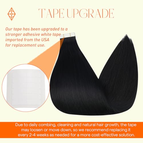 Full Shine Black Tape in Extensions Real Human Hair Color 1 Jet Black 26Inch Invisible Tape in Hair Extensions 100G 40PCS Soft Remy Seamless Add Length for Women