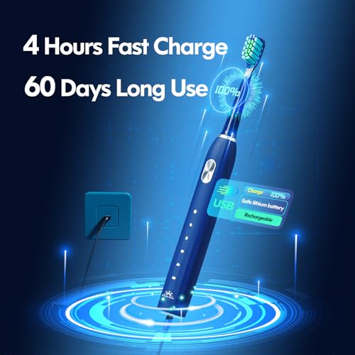 Electric Toothbrush for Adults Kids Electric Toothbrush Rechargeable Sonic Toothbrush Ultrasonic Toothbrush with Timer, 9 Brush Heads, 5 Cleaning Modes 4-Hour Charge Lasts 60 Days (Blue 8-12)