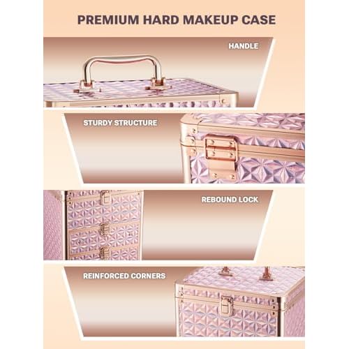 Makeup Box with Double Drawers and A Detachable Lighted Mirror, Waterproof Travel Train Case, Cosmetic Organizer and Makeup Suitcase with Adjustable Dividers, Magnetic LED Mirror (Sparkling Pink)