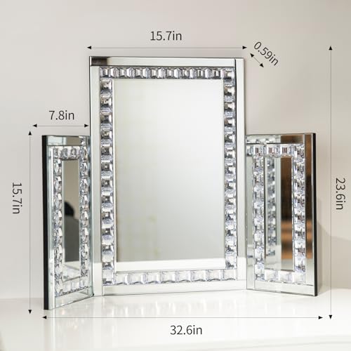 Silver Trifold Mirror -Hollywood Large Vanity Trifold Makeup Mirror, 3 Side Folding Tabletop Mirror £¬Braiding Hair, Makeup 360¡Æ Way