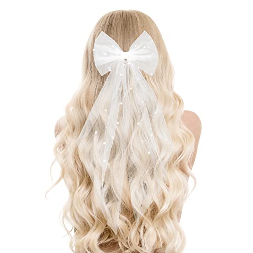 Bridal Pearl Hair Bow Veil Bridesmaid Large Hair Bow Wedding Veil with Barrette Bachelorette Party Decorations Bridal Bridesmaid Gift (White)