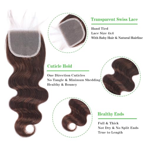Kapelli Hair Brazilian Body Wave Bundles with Closure (18 20 22+16) 10A Light Brown Body Wave Human Hair Bundles with Lace Closure Brazilian Virgin Hair 3 Bundles with Lace Closure with Baby Hair