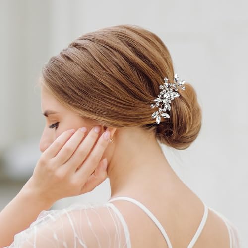 2PCS Silver Rhinestone Hair Combs, Clear Crystals Wedding Metal Hair Combs, Sparkly Crystal Bridal Hair Accessories for Bridesmaids Women Girls (3.31x1.97inch)