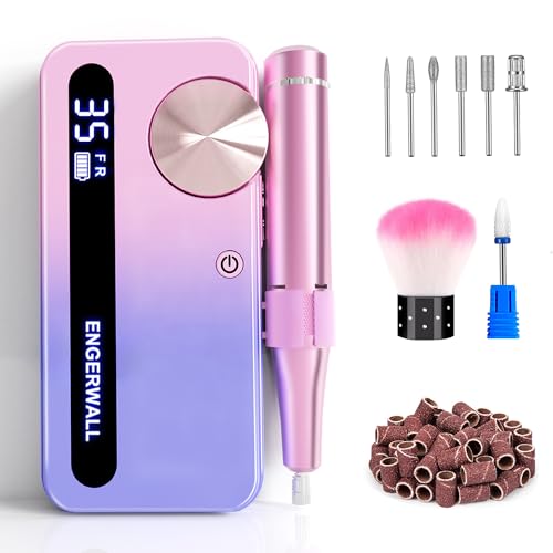 ENGERWALL Rechargeable Nail Drill 35,000 RPM, Portable Cordless Electric Nail File for Acrylic, Gel Nails, Polishing & Removal, with Nail Drill Bits Kit for Manicure & Pedicure, Pink-Blue