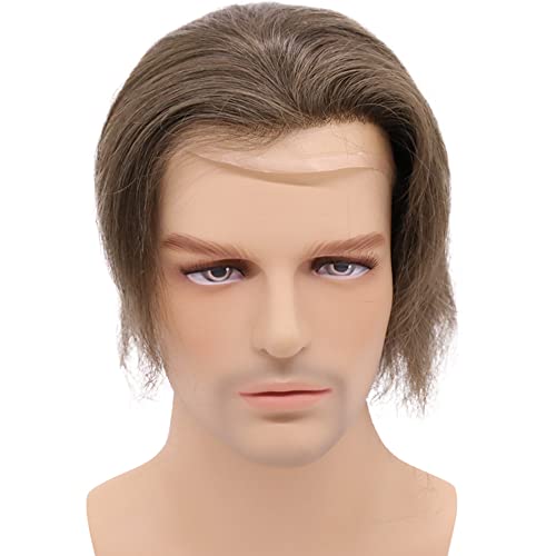 Mens Toupee European Human hair Replacement for Men Hairpiece Swiss Lace Front 0.08mm Thin Skin PU All V-looped Man Wigs 10x8inch #7 Lightest Brown Color