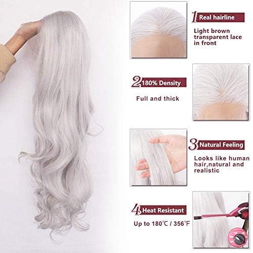 Ebingoo 26 Inch Silver Gray Lace Front Wig+Wig Cap Wavy Silver Wig for Women Curly Lace Front Wig Silver Princess Wig for Halloween Cosplay Women Daily Wear