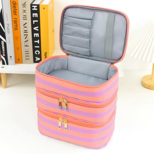 Three Layer Makeup Bag for Women Fashion Stripes Cosmetic Bag Preppy Style Travel Water-Resistant Toiletry Bag for Storage Toiletries Cosmetics Sets for Women Teen Girls Purple