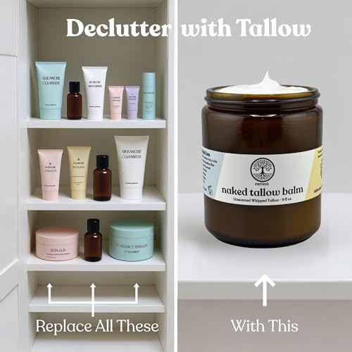 Beef Tallow for Skin - NAKED TALLOW BALM I 1 Ingredient - 100% Grass Fed Beef Tallow | Whole Body & Face | Whipped & UNSCENTED for Sensititve Dry Skin, Babies, Eczema, Psoriasis, Rosacea (9oz)