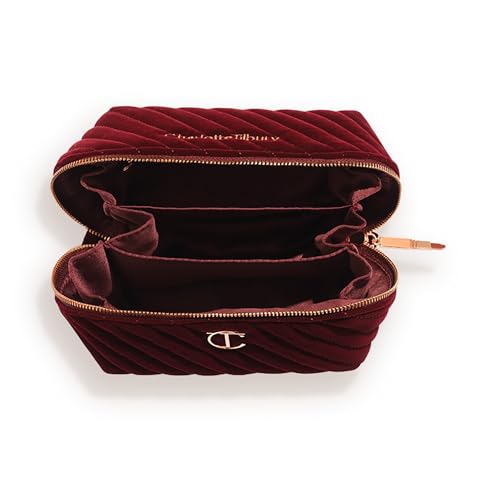 Charlotte Tilbury Travel Makeup Bag of My Dreams - Quilted Velvet Skincare, Fragrance & Cosmetic Organizer with 5 Compartments, Zip Pocket & Top Handle - Iconic Night Crimson Toiletry Bag