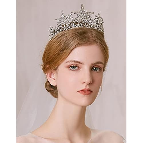 JWICOS Silver Shining Star Princess Tiara Crown for Women and Brides Bridal Hair Accessories for Engagement Wedding Prom Pageant