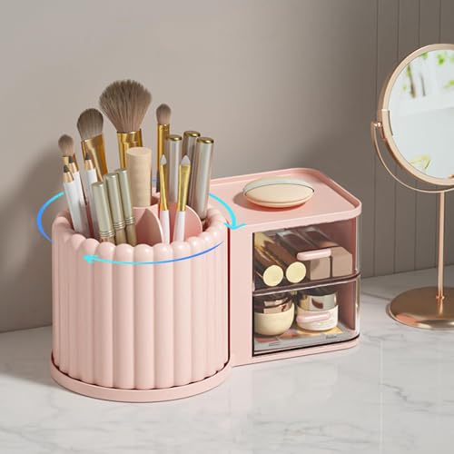 Makeup Organizer Countertop,360 Rotating Makeup Brush Holder With 2 Drawers,Small Preppy Organizer |9.25x5.11inch|Pink