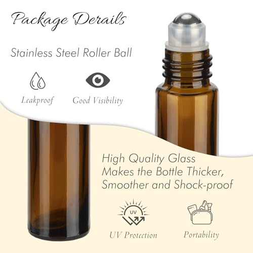 10ML Essential Oil Roller Bottles, 4 Pack Brown Oil Roller Bottles for Essential Oils, Roll on Bottle with Stainless Steel Balls(4 Labels, Opener, Funnel, Dropper Included)