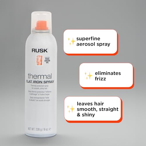 RUSK Designer Collection Thermal Flat Iron Spray with Argan Oil, Micro-Fine Spray, Eliminates Frizz, Leaves Hair Smooth and Sleek, 8 fl. oz