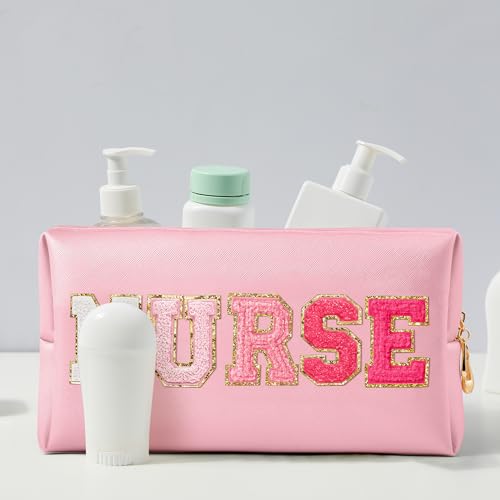CY2SIDE NURSE Letter Makeup Bag - Gradient Pink Chenille Letter Patch Cosmetic Bag Pink PU Leather Patch Travel Pouch Waterproof Portable Zipper Travel Organizer Case Xmas Gifts for Nurse Women