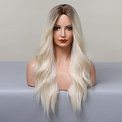 Long Blonde Wigs for Women 26 Inches Ombre Blonde Wig with Dark Roots Synthetic Wig Loose Wavy Wigs Cosplay Daily