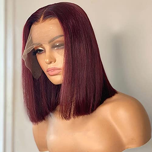 QUINLUX HD Transparent Lace Short Bob Human Hair Wigs Pre Plucked 13X6 Lace Front Wig 150% Density Brazilian Remy Bob Cut Human Hair wig for Woman #99j Color 12 inch