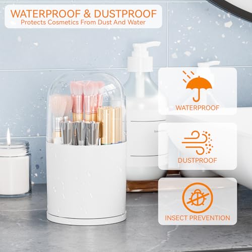 Yieach Rotating Acrylic Makeup Brush Holder with Lid for Vanity,Bathroom,Countertop,Covered Makeup Brushes Organizer,Round Spinning Cosmetic Brushes Holder and Make up Brush Storage with Cover,White