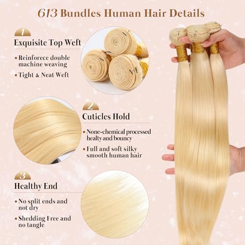 613 Blonde Bundles Human Hair 20 22 24 26 Inch 613 Straight 4 Bundles Human Hair Blonde Quick Weave 100% Unprocessed 16A Brazilian Virgin Hair