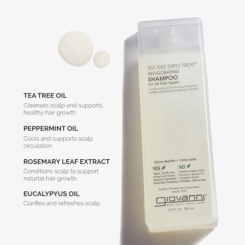 GIOVANNI Tea Tree Triple Treat Invigorating Shampoo - Cooling Peppermint, Eucalyptus & Rosemary, Strengthen & Rejuvenate Hair & Scalp, Salon Quality, Paraben Free, Tea Tree Shampoo - 24 oz (Pack of 2)