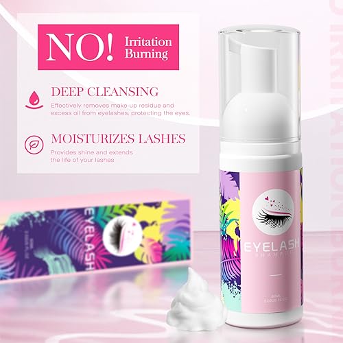 Lash Shampoo for Lash Extensions 60ml Eyelash Extension Cleanser Lash Shampoo Cleaning Kit with Shampoo Brush & Mascara Brush-No Irritating Foaming Eyelash Makeup Remover for Home Salon Use