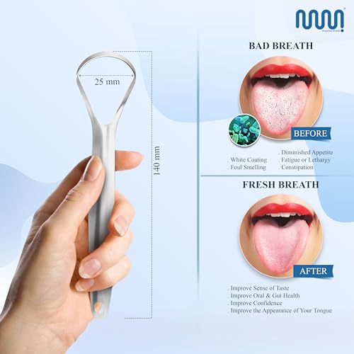 MasterMedi Tongue Scraper for Adults, 100% Stainless Steel for Bad Breath, Easy to Use, Tongue Cleaner for Oral Care (Pack of 3 with 1 Case)