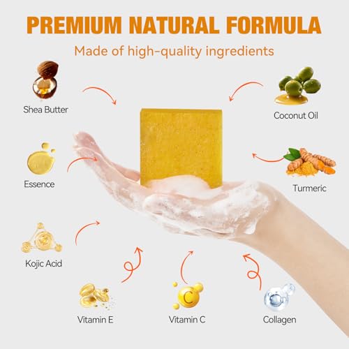 Turmeric Soap For Dark Spot - Kojic Acid Soap Bar with Vitamin C for Face & Body, Natural Ingredients Handmade Soaps for Brightening & Moisturizing, 3 Bars