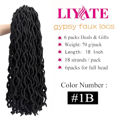 18 Inch Goddess Faux locs Crochet Hair 6 Packs/Lot Soft Gypsy Locs Wavy Crochet Braids Dreadlocks Curly Wavy Twist Braiding Hair Extensions African Roots Braid£¨1B)