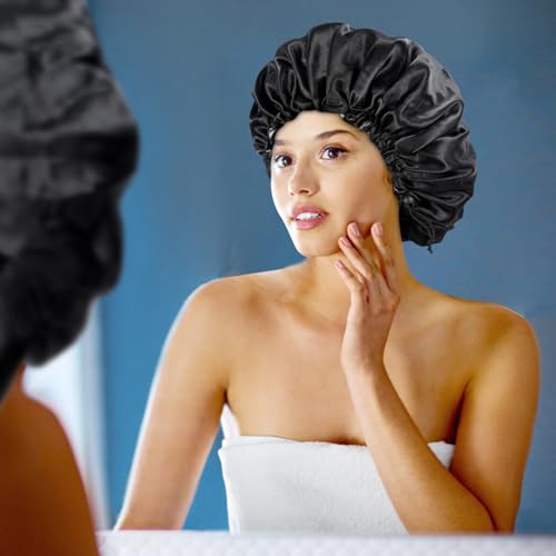 Satin Silk Bonnet for Curly Hair Bonnet Braid Bonnet for Sleeping Bonnets for Women Large Double-Layer Adjustable(Black&Pink)