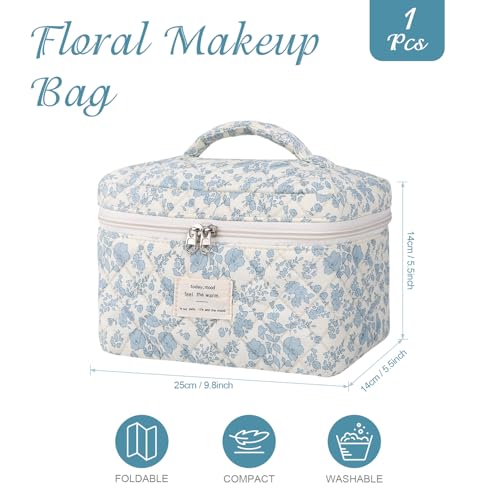 Large Makeup Bag, Cute Cosmetic Bag for Women Girls Floral Coquette Aesthetic Toiletry Bag Travel Make Up Organizer Bag (Blue)