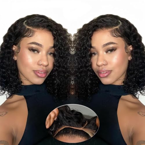 Short Curly Wigs for Black Women Wear and Go Side Part Deep Wave Bob Wig Human Hair Glueless Wigs Human Hair Pre Plucked Pre Cut Wet and Wavy Natural Black Lace Front Wig 12 Inch Daily Hairstyle