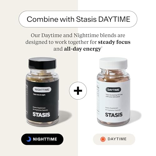 Stasis Nighttime - Calm and Sleep Capsules to Pair with Stimulant - Skullcap, Magnolia Bark, Magnesium for Sleep, and Astaxanthin Supplements for Relaxation and Mood Support - 25 Servings