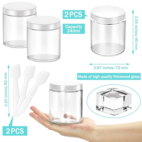 MotBach 2 Pack 8oz Glass Jars with Lids, Round Glass Jars with Spatulas, Inner Liners and White Lids, Empty Cosmetic Containers Travel Toiletries Container for Lotion, Cream, Makeup, Cosmetic, Slime