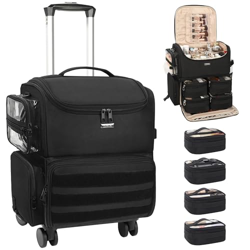 Relavel Rolling Makeup Train Case, Cosmetology Case on Wheels with 4 Clear Bags, Professional Makeup Artist Set Bags Cosmetic Storage Organizer with Adjustable Dividers, 360¡Æ Spinner Wheels, Black