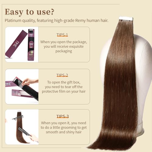 DNE Tape in Hair Extensions Real Human Hair 20 inches 20Pcs/50g/Pack Seamless #4 Medium Brown Dark Color Straight Invisible Double Sided Tape in Hair Extensions for Women/Girls (#4, 20 inch)