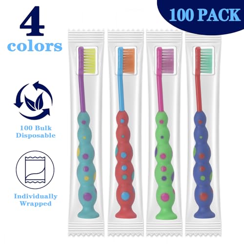 100 Pack Kids Toothbrush Soft bristles Toddler Lovely Toothbrush with Suction Cup Bulk, Includes Travel Covers, Individually Wrapped Toothbrushes for Kid Home School Daycare Camp (Candy)