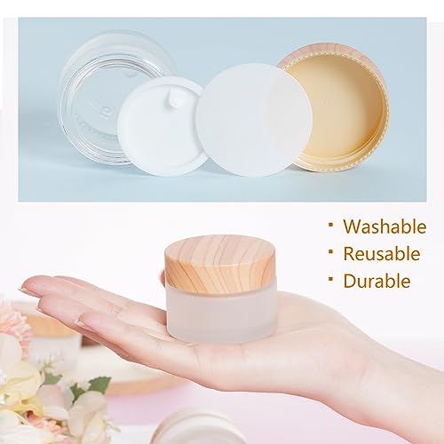6Pcs Glass Cosmetic Containers with Wood Grain Lid Refillable Cosmetic Jar Frosted Glass Cream Container with Leak-proof Lid Empty Makeup Jar for Lotions,Creams,Scrub Cream,Home,Travel(30ml)