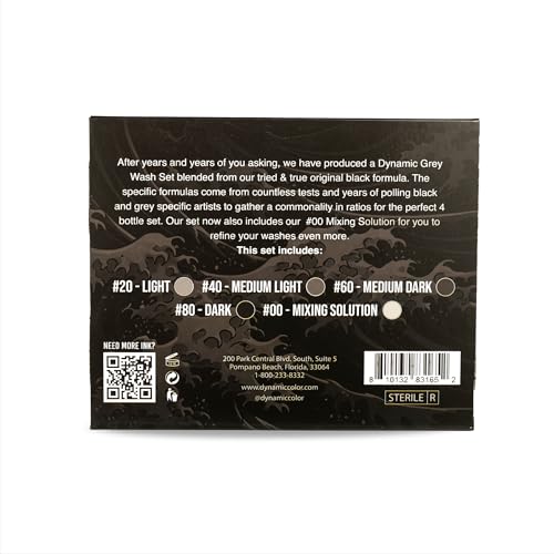 Dynamic Color Co - Greywash Set, Premade Tattoo Greywash, Includes 4 Shades Plus Mixing Solution, 5 Bottle Set, Made in USA, Sterile, Hospital Grade Water, Vegan (4 Ounce Bottles)