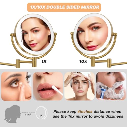 Hardwired Bathroom Makeup Mirror Wall Mount Gold, Double Sided 1/10X Magnifying Make up Mirror with Lights 3 Color & Adjustable Brightness, 360 Swing Arm Shaving Mirror, Brushed Moderne Brass