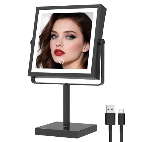 Ruacq Vanity Mirror with Lights, Height & Brightness Adjustable, Rechargeable 4000mAh Lighted Makeup Mirror with Magnification 1X/10X, 3 Color Lights & 360¡Æ Rotation (Matte Black-Table)